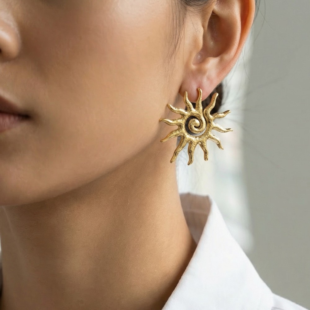 Stainless Steel Gold Dipped Spiral Sun Stud Earrings