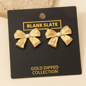 Gold Dipped Pearl Stud Ribbon Bow Large Stud Earrings