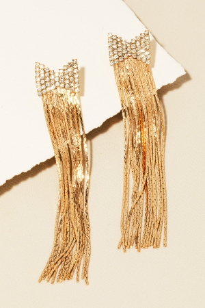Pave Ribbon Bow And Chain Fringe Dangle Earrings