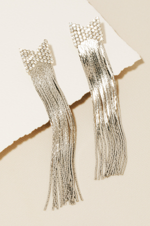 Pave Ribbon Bow And Chain Fringe Dangle Earrings