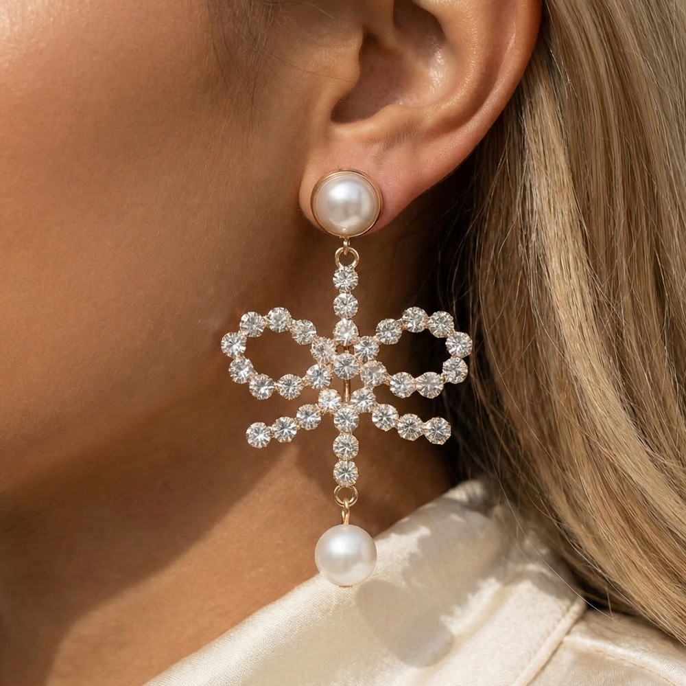 Rhinestone And Pearl Ribbon Bow Dangle Earrings