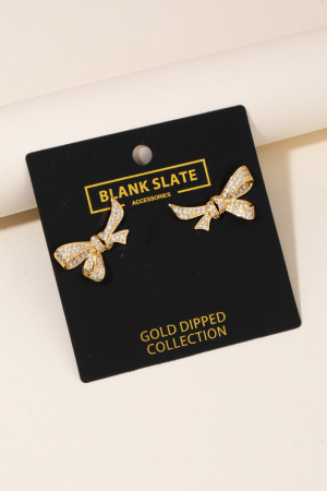 Gold Dipped Pave Ribbon Bow Stud Earrings