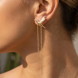 Gold Dipped Humming Bird And Chain Stud Dangle Earrings