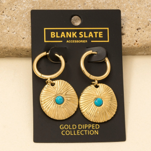 Turquoise Center Textured Disc Drop Earrings