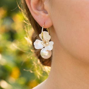 Acrylic Flower And Pearl Hoop Earrings