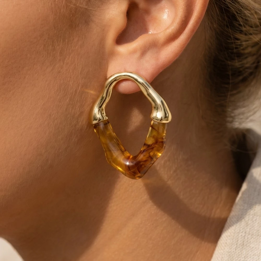 Warped Marble Resin And Metallic Oval Stud Earrings