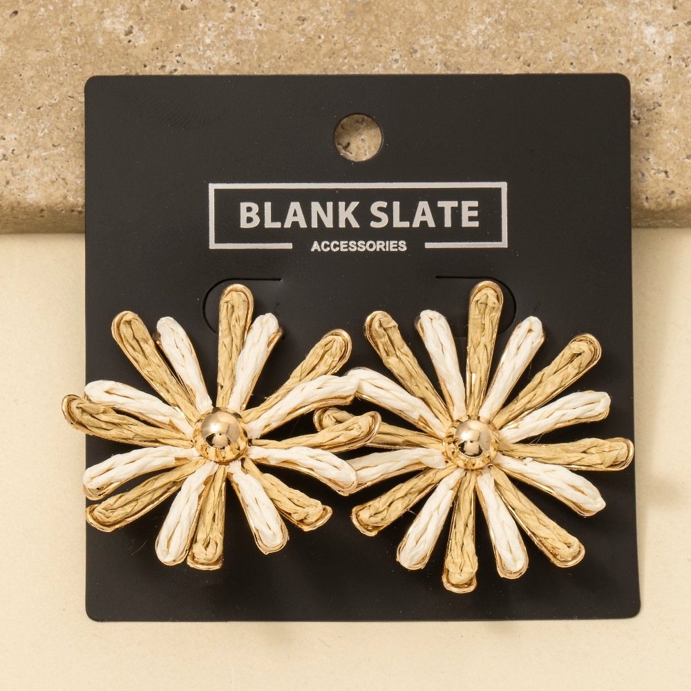 Two Tone Straw Weave Flower Stud Earrings
