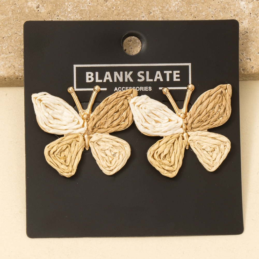 3 Tone Straw Weave Butterfly Earrings