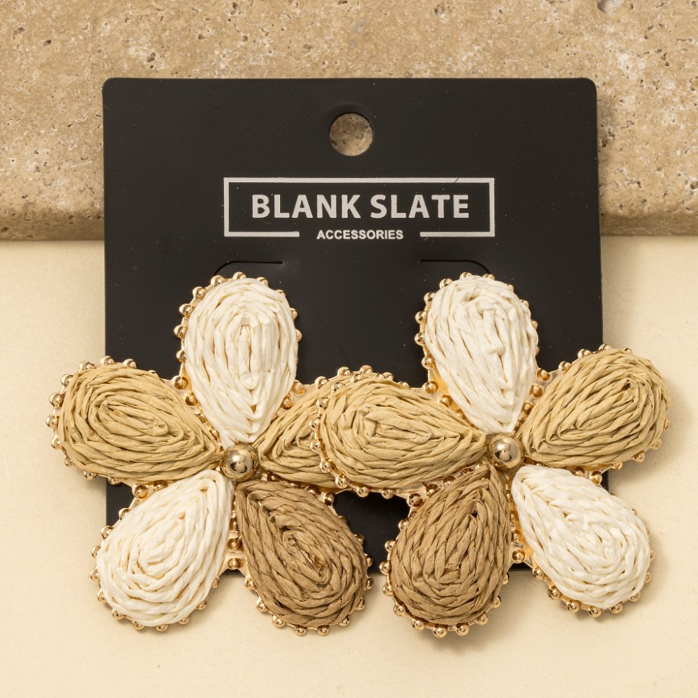 Multi Tone Straw Weave Flower Stud Earrings