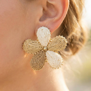 Multi Tone Straw Weave Flower Stud Earrings