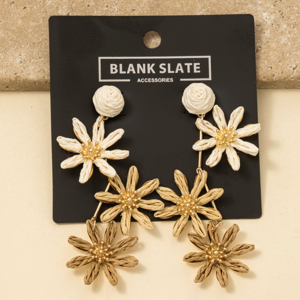 Straw Weave Triple Intricate Flower Dangle Earrings