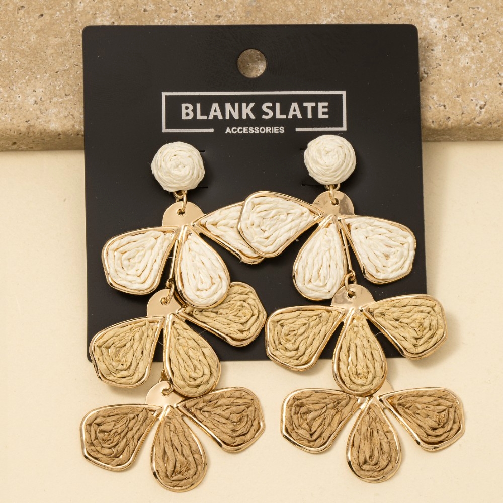 Straw Weave 3 Tone Tiered Petals Dangle Earrings