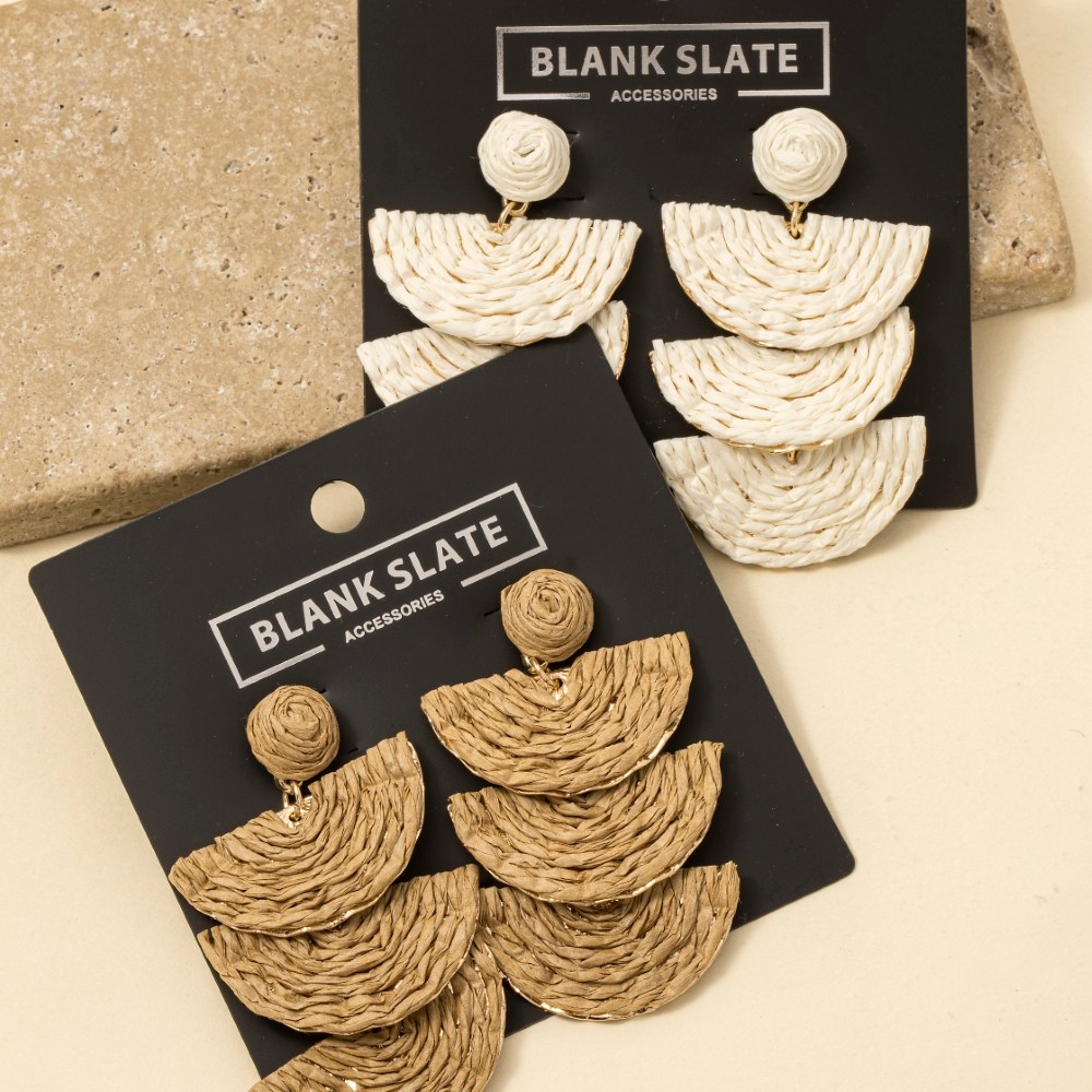 Straw Weave Tiered Half Circles Dangle Earrings