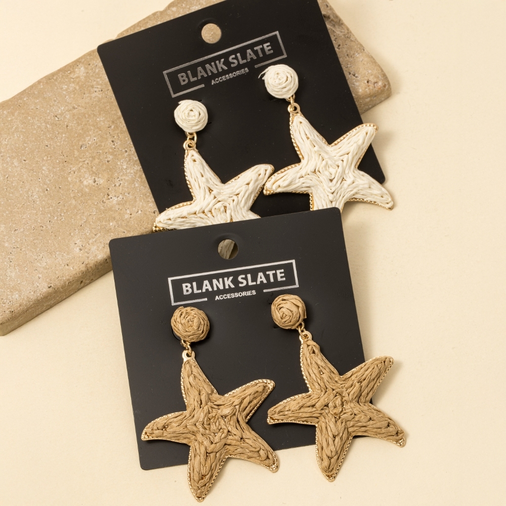 Straw Weave Star Fish Sea Life Dangle Earrings