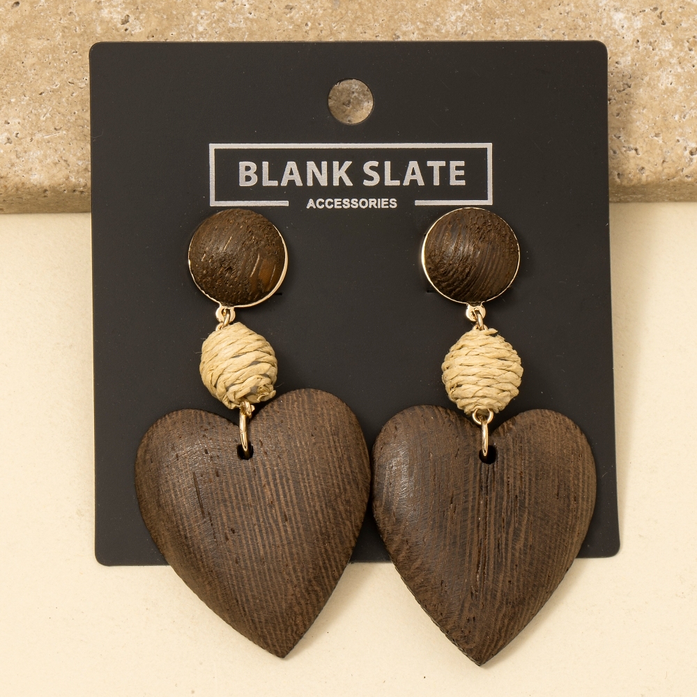 Wooden Heart And Straw Ball Dangle Earrings