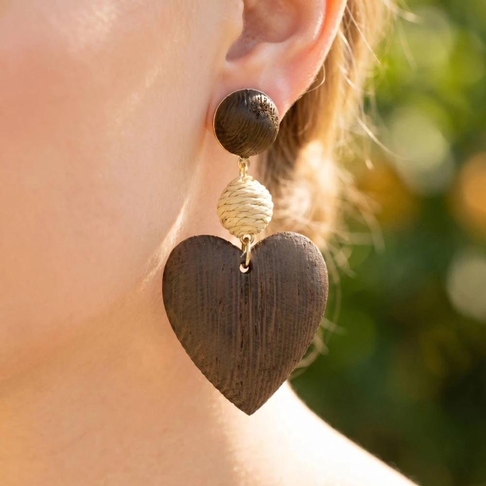 Wooden Heart And Straw Ball Dangle Earrings