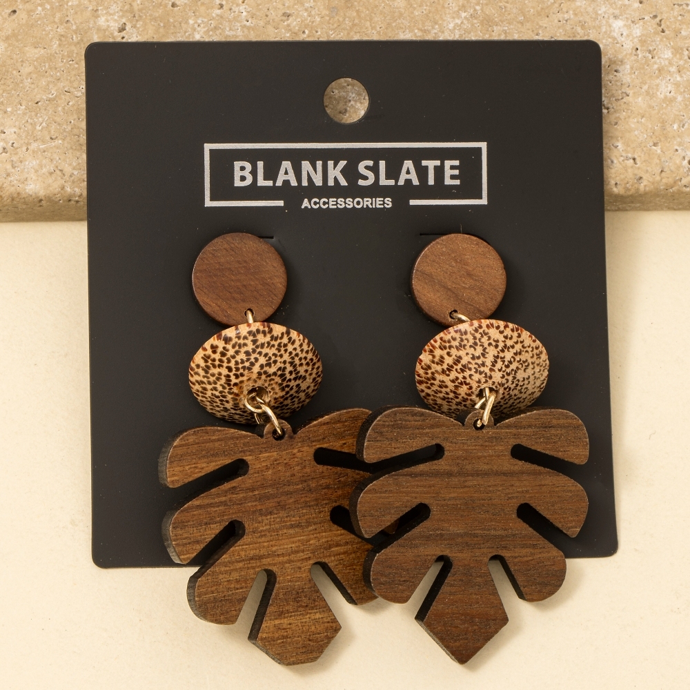 Wooden Monstera Leaf Dangle Earrings