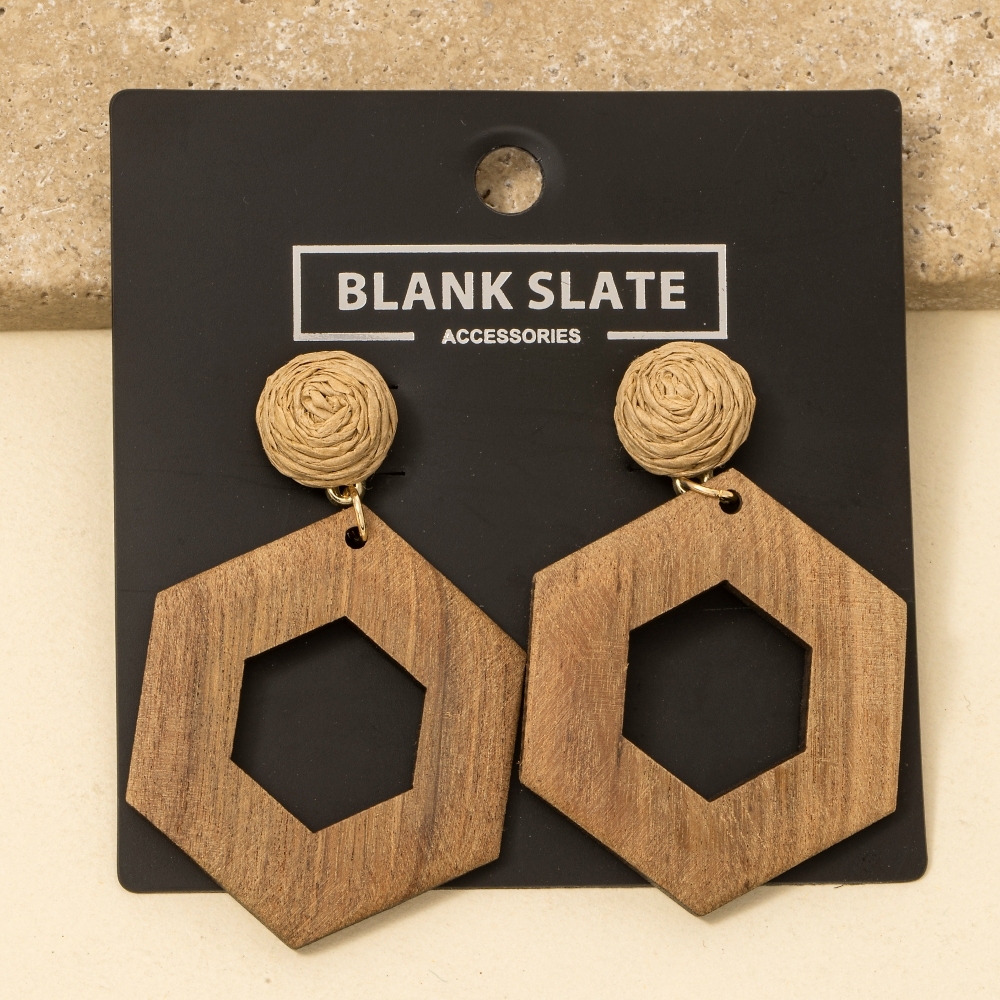 Wooden Hexagon And Straw Post Dangle Earrings