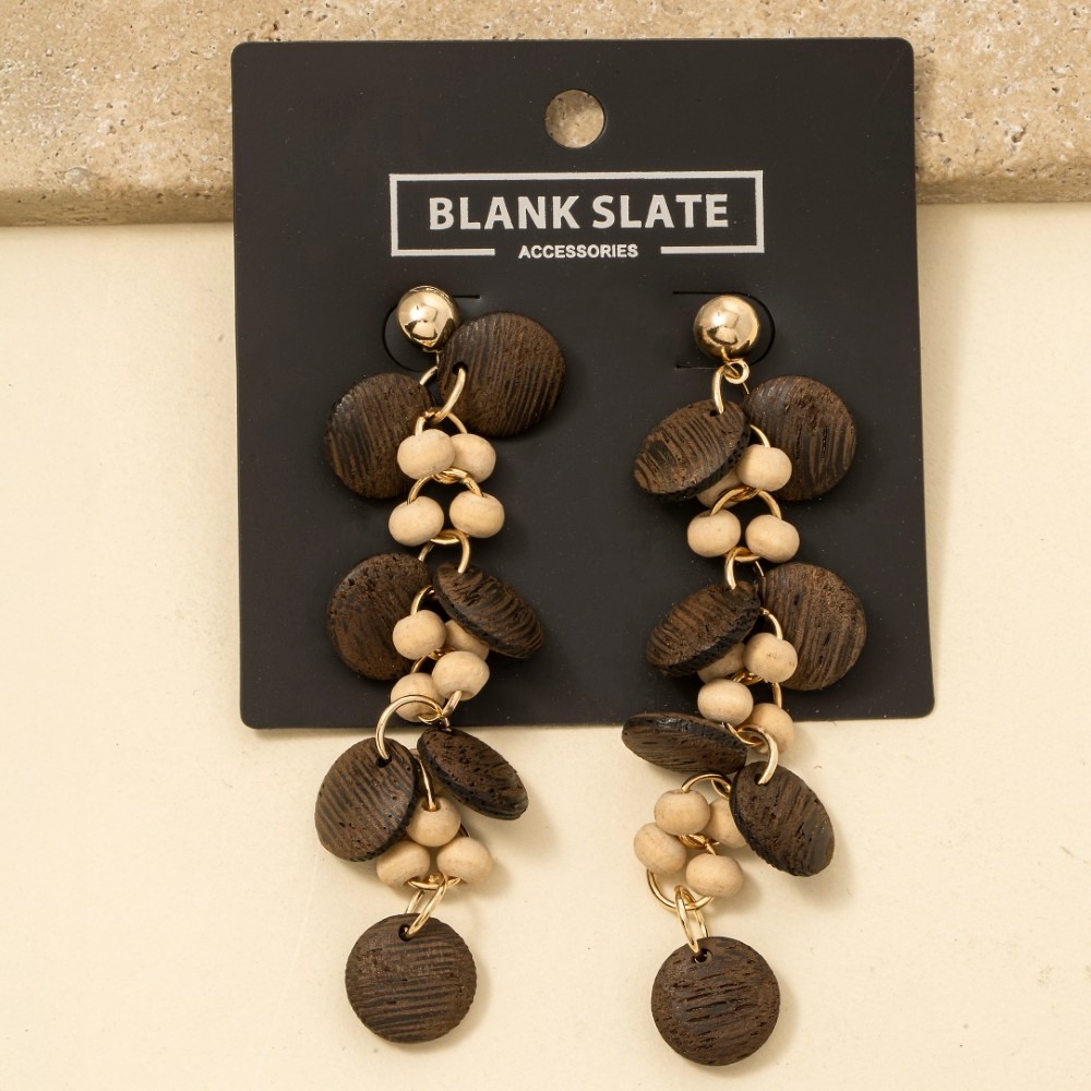 Wooden Discs And Beads Dangle Earrings
