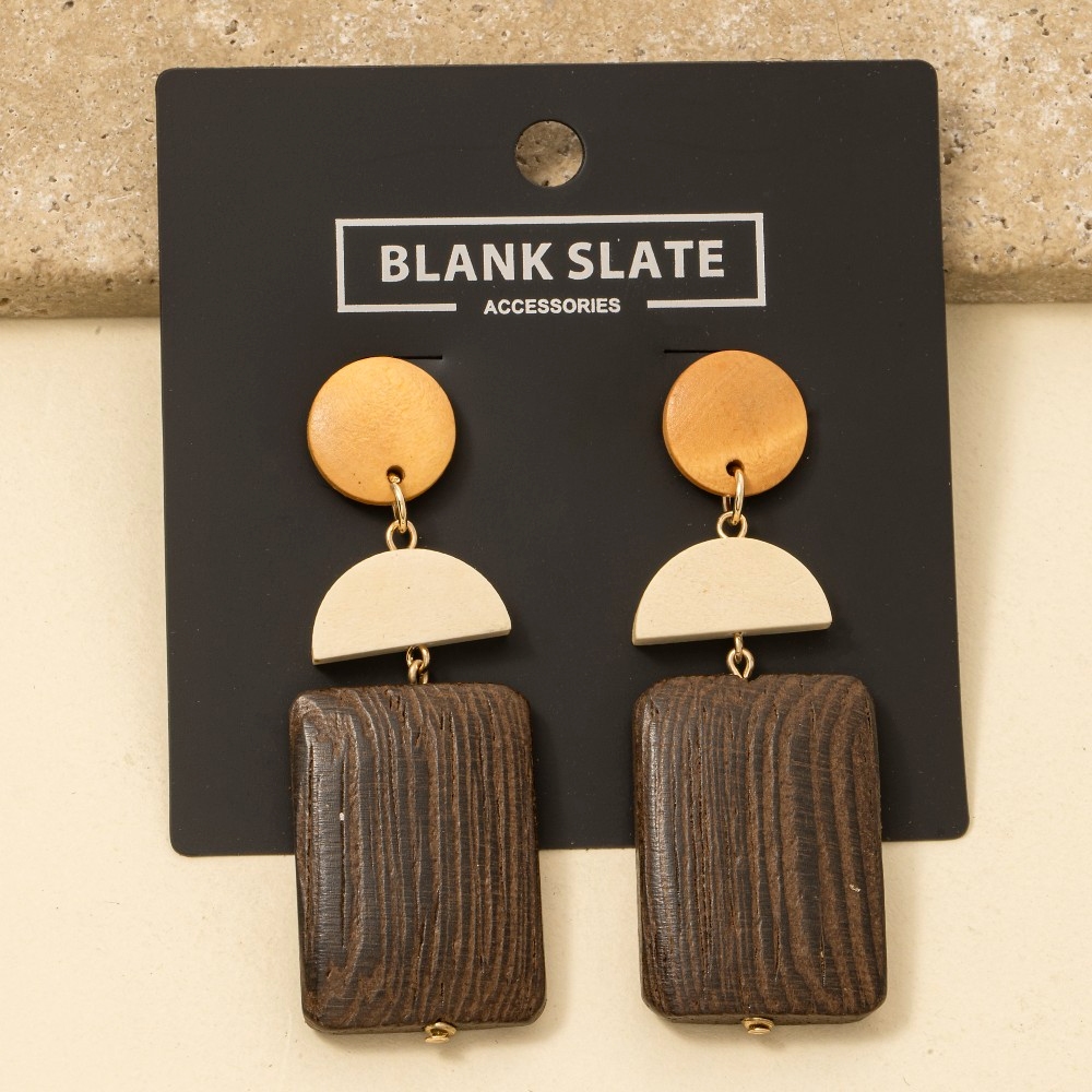 Wooden Rectangle Dangle Earrings