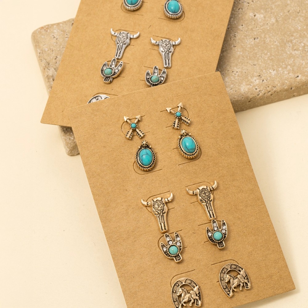 Assorted Five Pair Western Stud Earrings Set