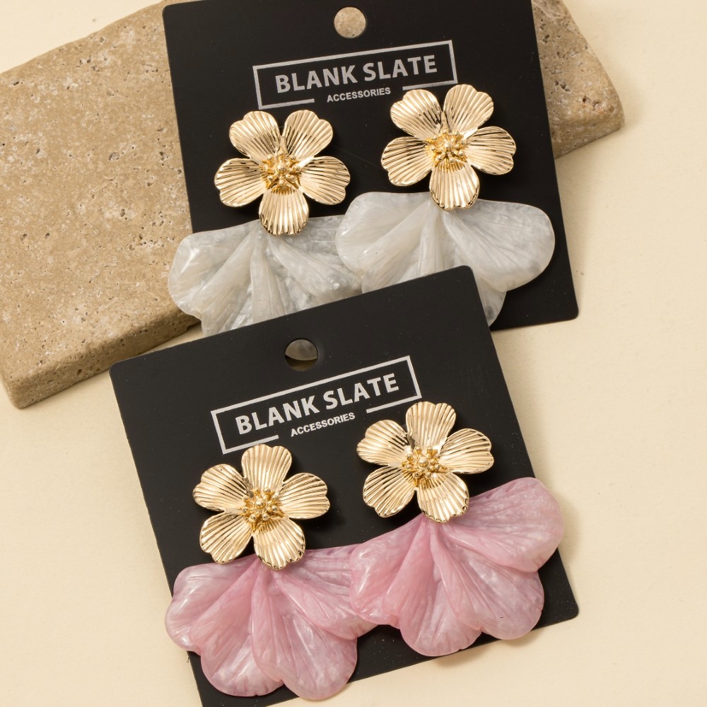 Metallic And Marble Resin Flower Dangle Earrings