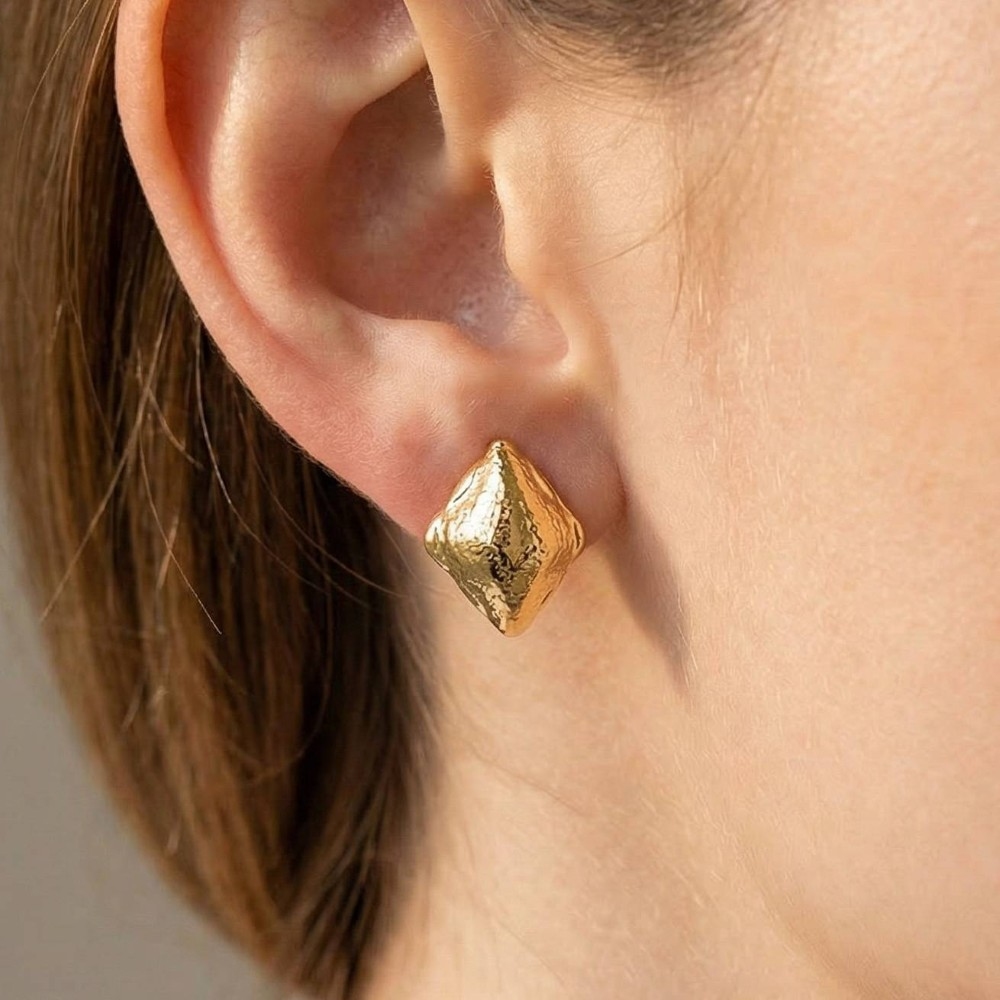 Gold Dipped Hammered Diamond Shape Stud Earrings