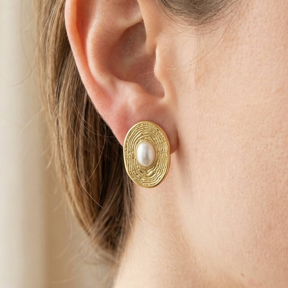 Gold Dipped Textured Oval Frame Pearl Center Stud Earrings