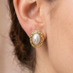 Gold Dipped Braided Oval Frame Pearl Center Stud Earrings