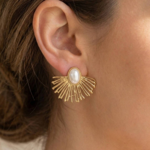 Gold Dipped Pearl Center Fan Ray Stud Earrings