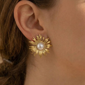 Gold Dipped Sunburst Pearl Center Statement Stud Earrings