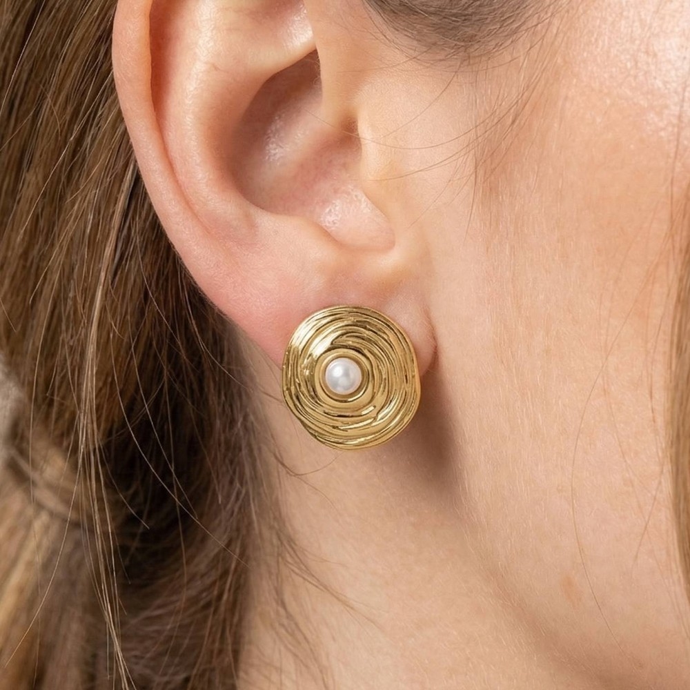 Gold Dipped Swirl Disc Pearl Center Stud Earrings