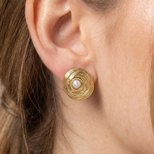 Gold Dipped Swirl Disc Pearl Center Stud Earrings