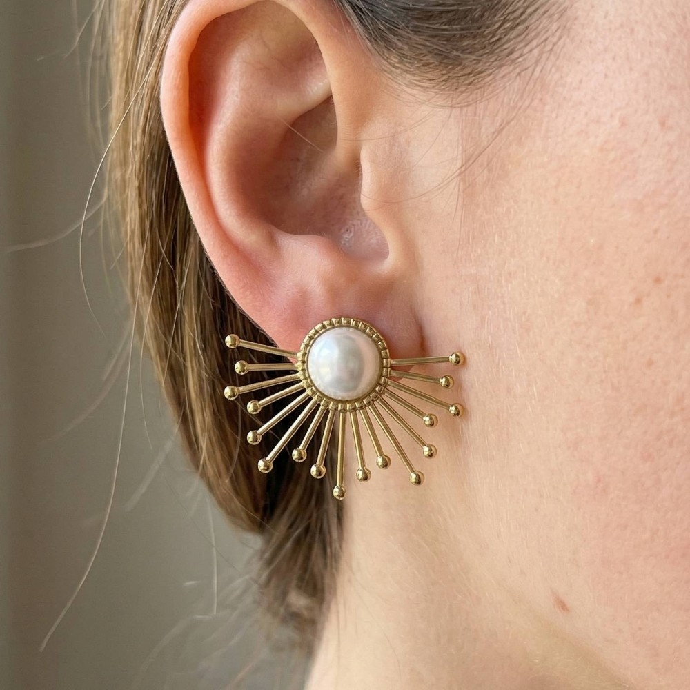 Gold Dipped Pearl Center Starburst Spike Stud Earrings