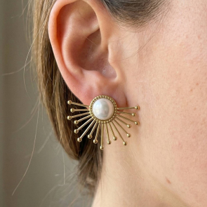 Gold Dipped Pearl Center Starburst Spike Stud Earrings