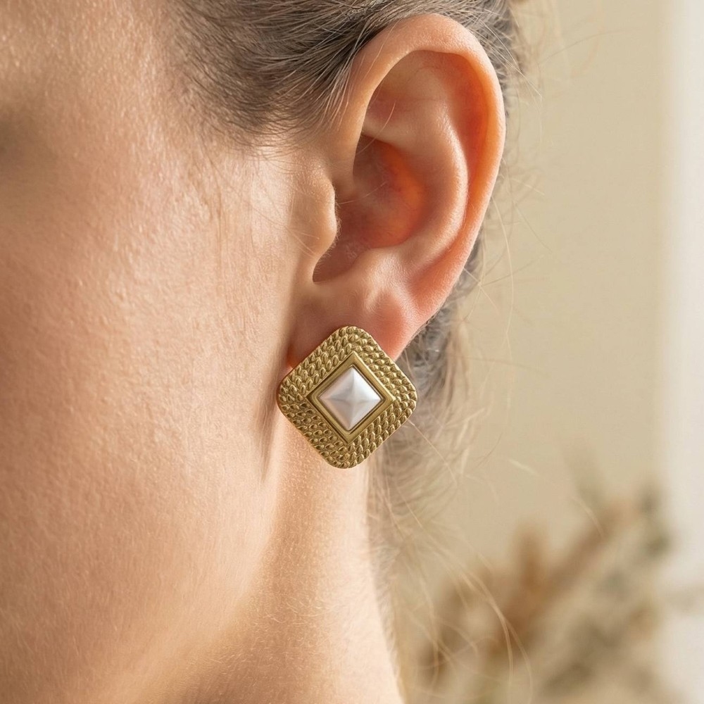 Gold Dipped Dotted Square Pearl Center Stud Earrings