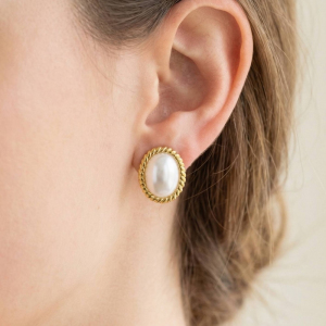 Gold Dipped Rope Edge Oval Pearl Stud Earrings