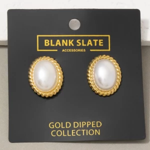 Gold Dipped Rope Edge Oval Pearl Stud Earrings