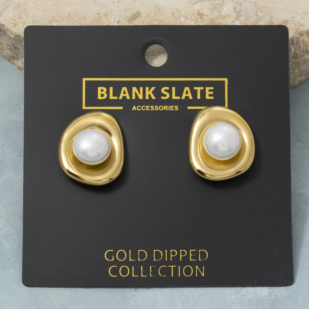 Gold Dipped Organic Frame Pearl Stud Earrings