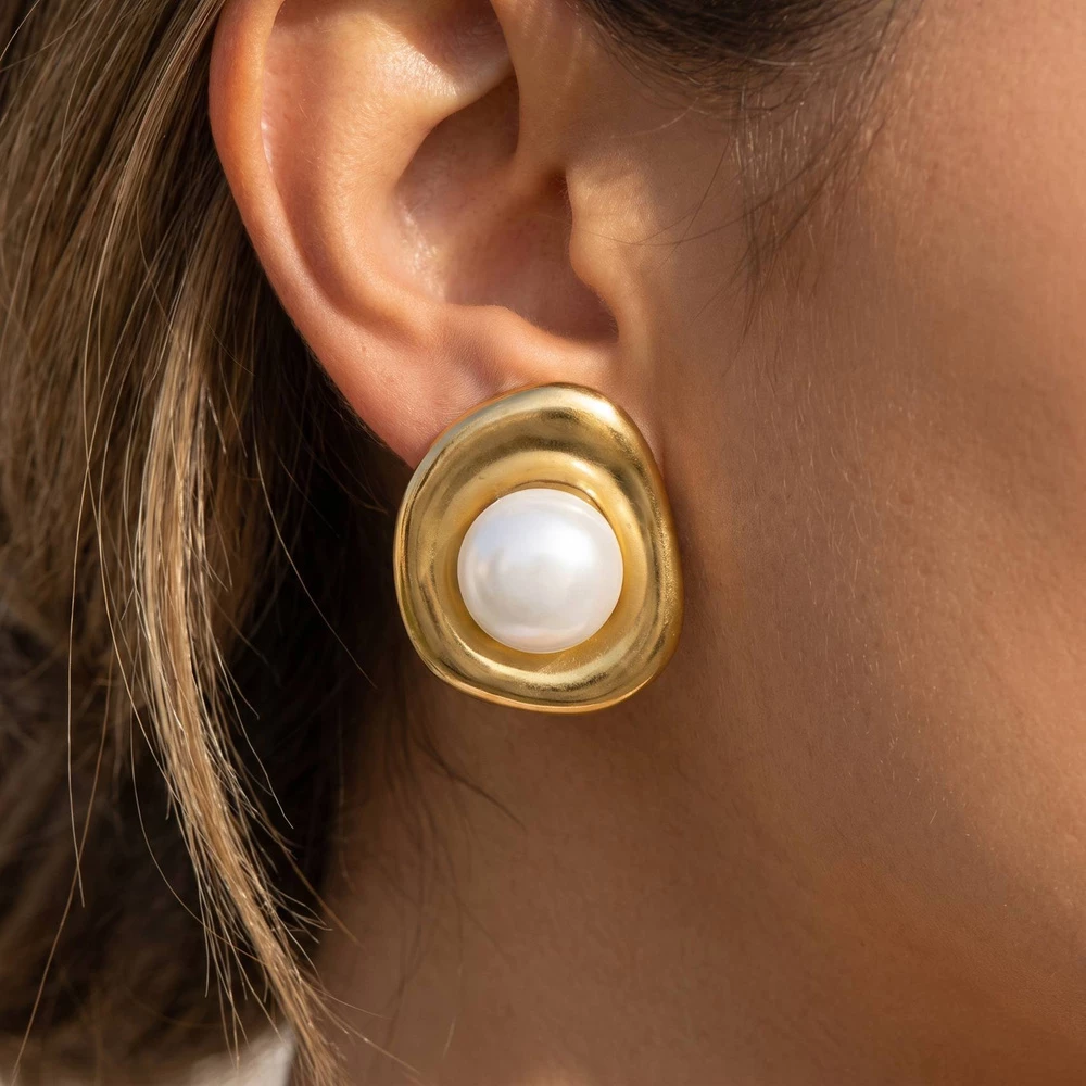 Gold Dipped Organic Frame Pearl Stud Earrings
