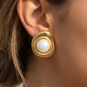 Gold Dipped Organic Frame Pearl Stud Earrings
