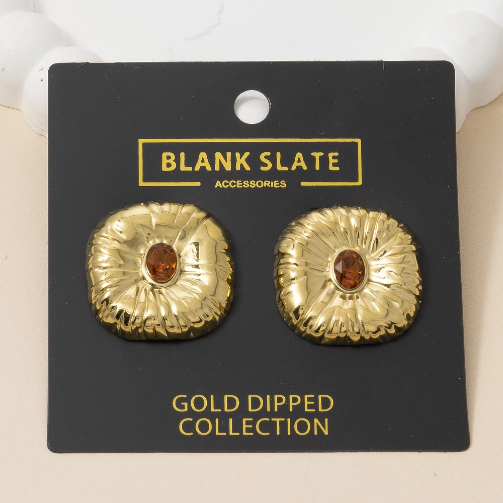 Gold Dipped Fluted Square Cz Center Stud Earrings