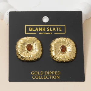 Gold Dipped Fluted Square Cz Center Stud Earrings