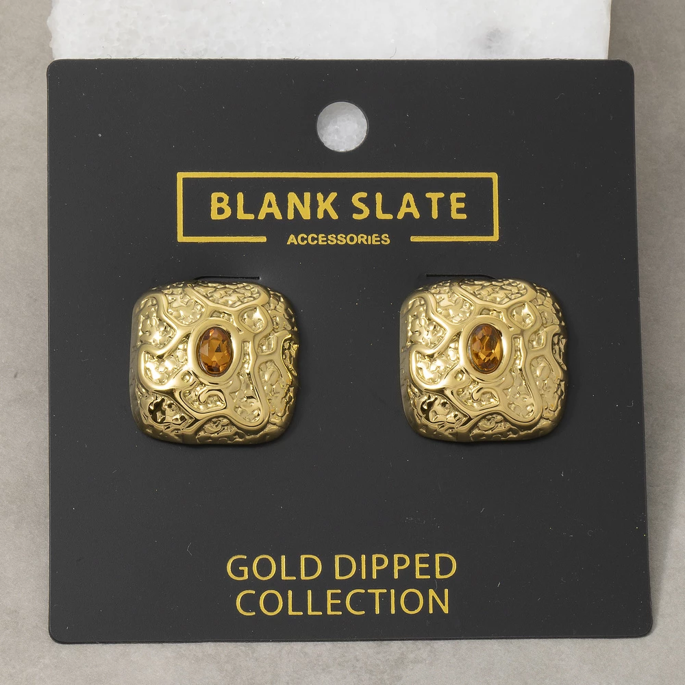 Gold Dipped Filigree Square Cz Stud Earrings