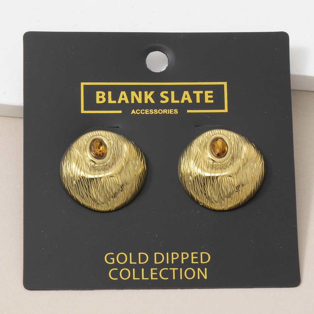 Gold Dipped Textured Round Dome Cz Stud Earrings