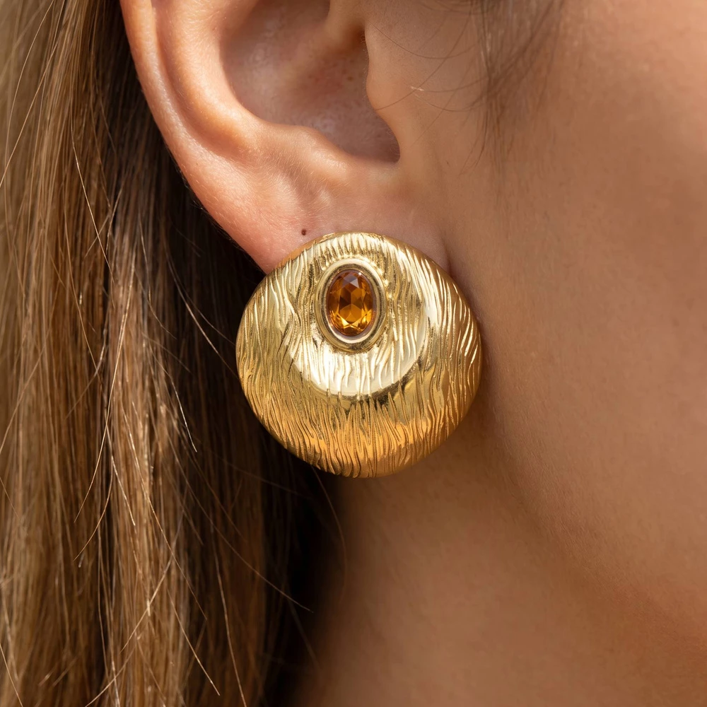Gold Dipped Textured Round Dome Cz Stud Earrings