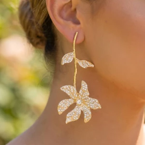 Gold Dipped Rhinestone Pave Flower Chandelier Earrings