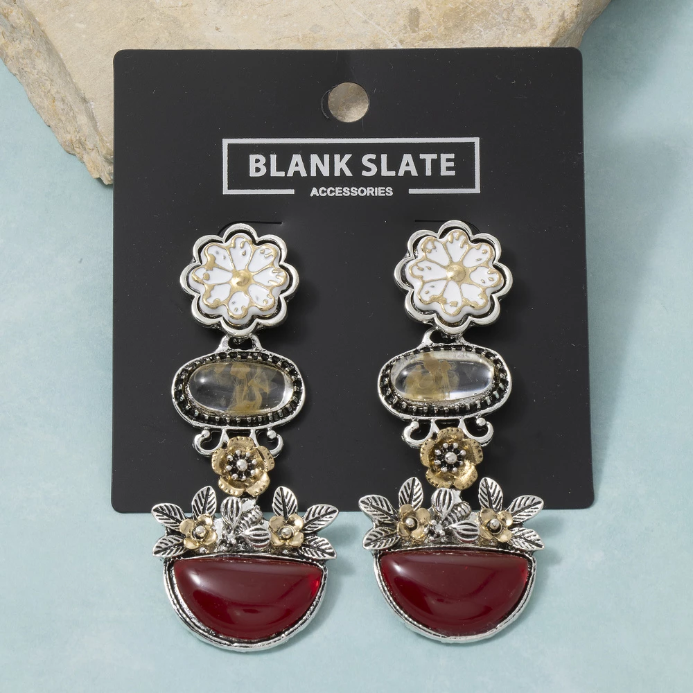 Floral Cluster Enamel Multi Stone Dangle Earrings