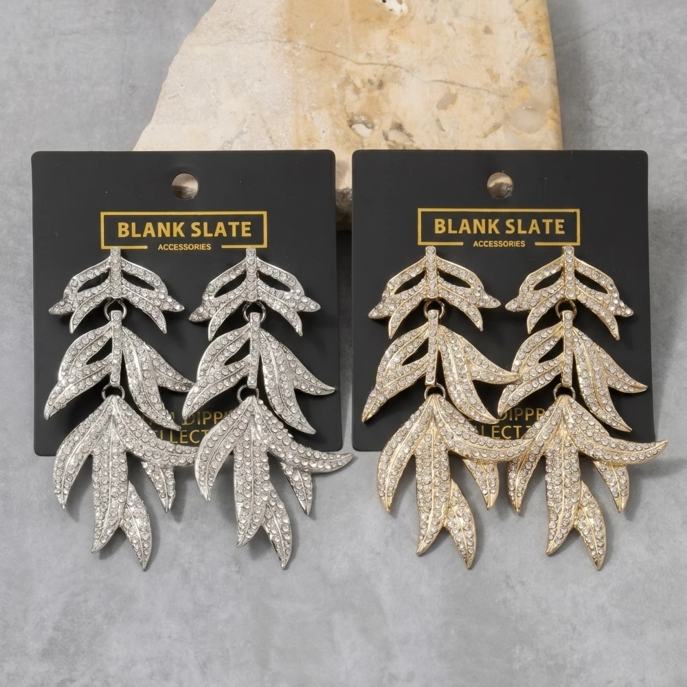 Gold Dipped Pave Rhinestone Leaf Chandelier Earrings