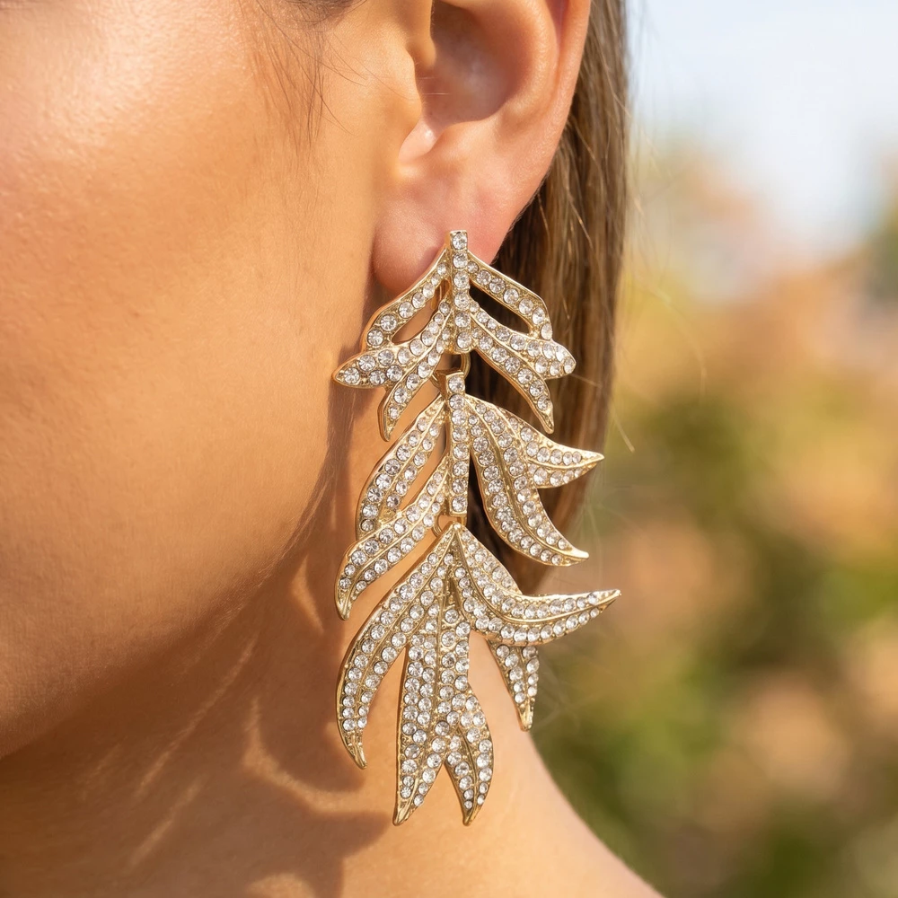 Gold Dipped Pave Rhinestone Leaf Chandelier Earrings